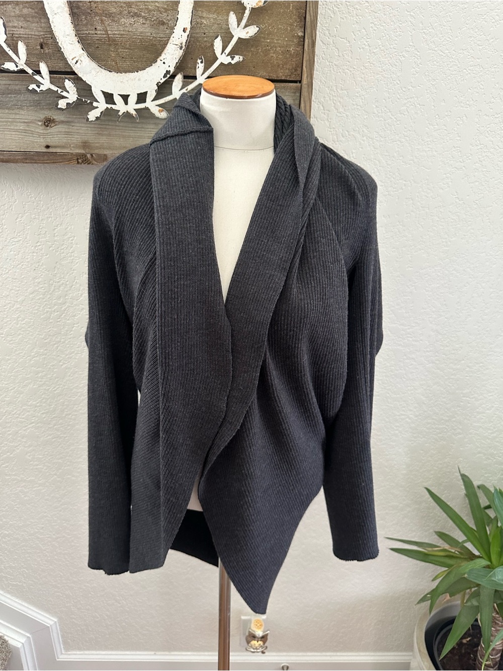 Saks Fifth Avenue Threads Charcoal Ribbed Open-Front Cocoon Merino Wool Cardigan